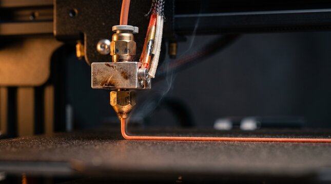 Photorealistic Macro Shot Of 3D Printer Extruding Plastic Filament