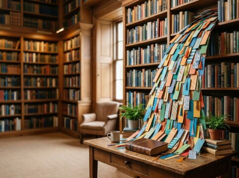 Artistic Display of Colorful Notes in Cozy Library Environment