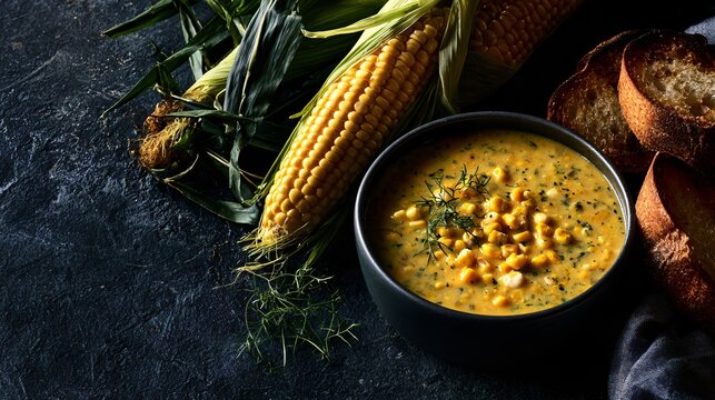 A sophisticated autumn food composition featuring fresh corn harvested at peak ripeness alongside a bowl of golden corn chowder, toasted bread and delicate herbs on a dark stone dining table