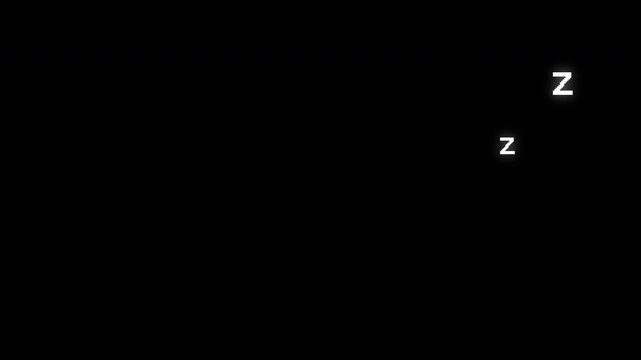 Sleeping zzz white icon animation on a black screen background, cartoon style, symbolizing dreams, rest, and relaxation, smooth looping motion graphic for night and rest concept, 4K animation videos