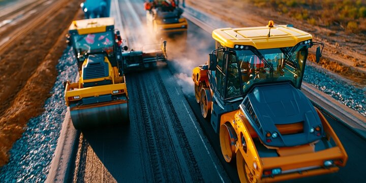 Yellow road rollers compact fresh asphalt on a highway construction site, golden hour lighting.