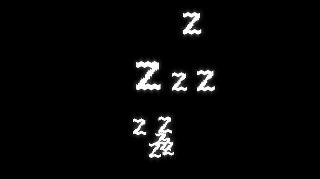 Sleeping zzz white icon animation on a black screen background, cartoon style, symbolizing dreams, rest, and relaxation, smooth looping motion graphic for night and rest concept, 4K animation videos