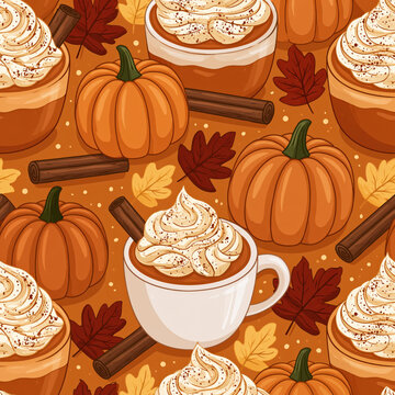 Pumpkin latte coffee whipped cream cinnamon autumn seamless cozy pumpkin latte coffee with whipped cream cinnamon and autumn