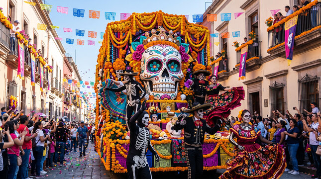 Day of the Dead parade float with dancers and colorful decorations  