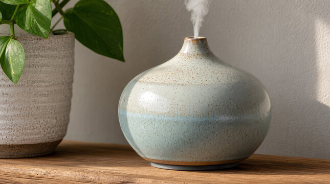 Ceramic aroma diffuser with steam on wooden shelf close up