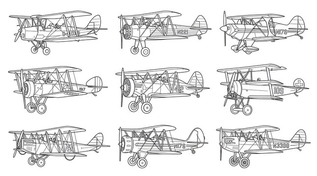 Vintage Biplane and Propeller Plane Line Art Vector Set