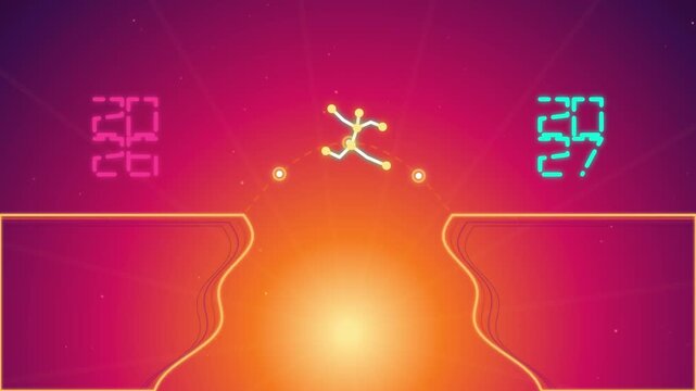 Abstract digital character jumping across a glowing gap in space