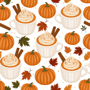 Pumpkin coffee autumn seamless pattern fall spice leaf cinnamon drink pumpkin coffee autumn seamless pattern fall spice leaf