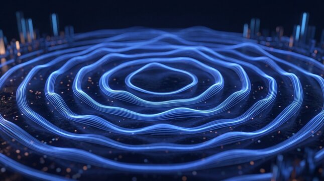 Abstract Blue Glowing Sound Wave Rings and Digital Frequency