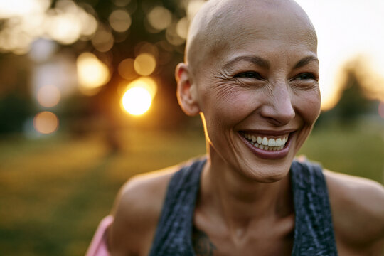 Joyful Bald Woman Laughing Outdoors at Sunset