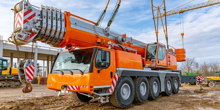 Bright orange mobile crane truck on muddy construction site, lifting heavy load under blue sky.