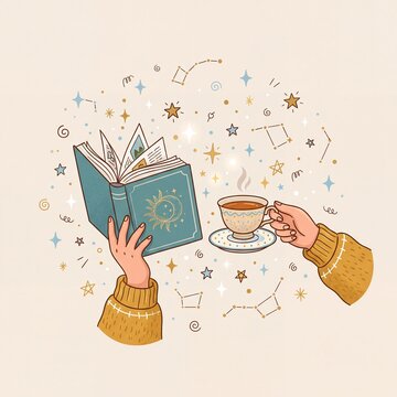 Hands Holding Open Book and Tea Cup with Celestial Stars