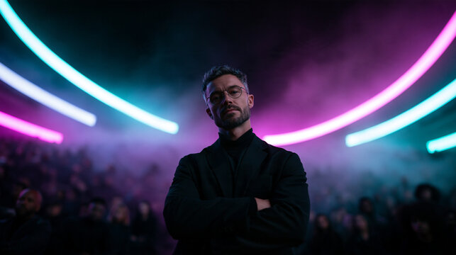 Confident Tech Entrepreneur Standing on Stage Under Neon Lights