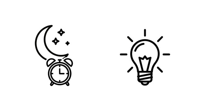 Monochrome vector outline icons representing night routine and dim light concepts with brightness illumination electricity minimalist schedule inspiration isolated