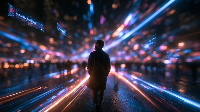 Man Walking Through Futuristic Digital City with Data Streams