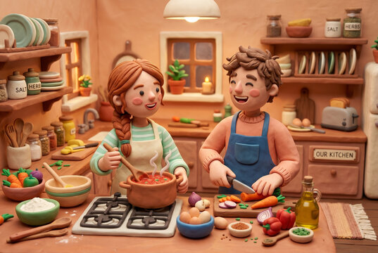 Happy Couple Cooking Together in Cozy Claymation Kitchen