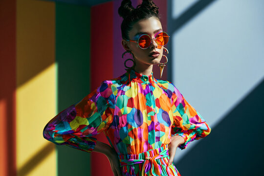 Fashionable Young Woman in Colorful Dress and Sunglasses