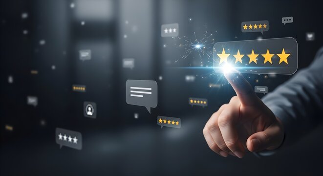 Customer Experience Excellence with hand touching five golden stars and floating feedback icons, ideal for business reputation management and digital marketing presentations.