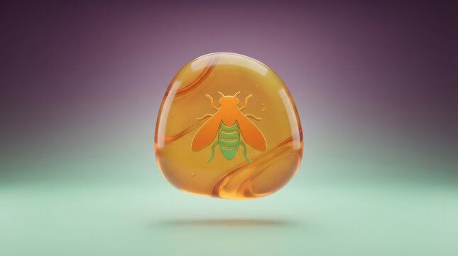 3D render of a stylized bee preserved inside a translucent golden amber stone gem icon