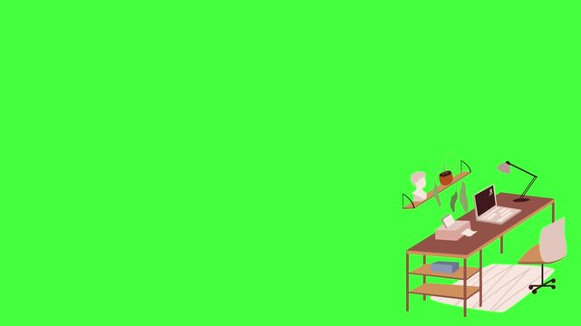 Flat vector animated cozy workspace corner featuring a laptop on a green screen background