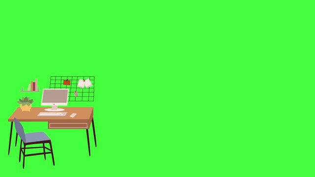 Flat vector animated cozy workspace corner featuring a laptop on a green screen background