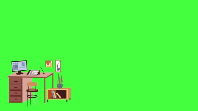 Flat vector animated cozy workspace corner featuring a laptop on a green screen background