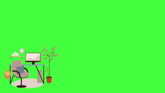 Flat vector animated cozy workspace corner featuring a laptop on a green screen background