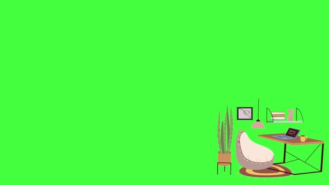 Flat vector animated cozy workspace corner featuring a laptop on a green screen background