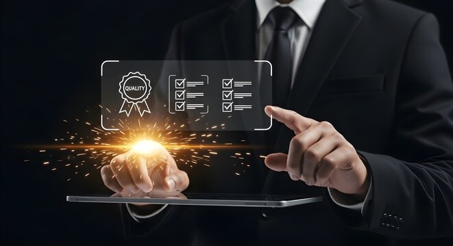Quality Assurance and Business Standards featuring businessman touching digital tablet with glowing quality seal and checklist icons, ideal for corporate compliance presentations.