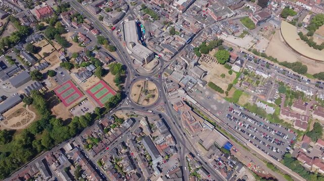 Tilt up aerial shot from st botolphs circus Colchester