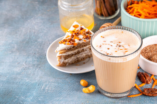 Tasty autumn carrot cake or carrot spice coffee latte