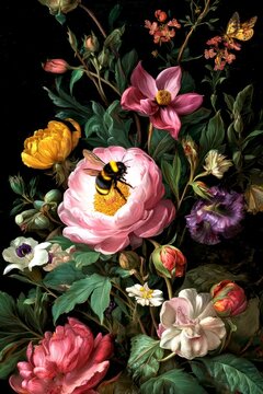 A vibrant collection of blooming flowers with a buzzing bee resting atop a large pink peony. This artwork captures the beauty of nature in rich, colorful detail. Ideal for floral themes. AI