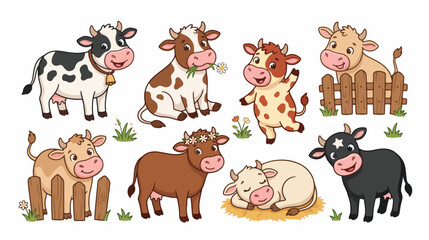 Fototapeta premium Cute Cartoon Cow Collection in Playful Poses on White Background