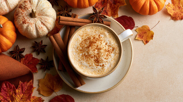 Pumpkin spice latte autumn flat lay warm cozy drink cinnamon