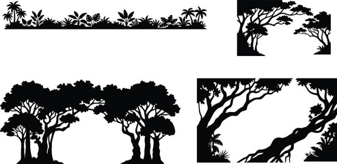 Fototapeta premium Tropical Jungle Tree Silhouette Collection with Exotic Plants and Natural Forest Frame Elements