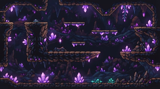 Pixel art platformer game level featuring glowing purple cave crystal formations