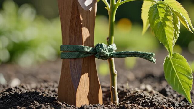 Close-up of young tree sapling tied with green rope to wooden support stake. Gardening and sapling staking in fertile soil under sunlight. Agriculture concept