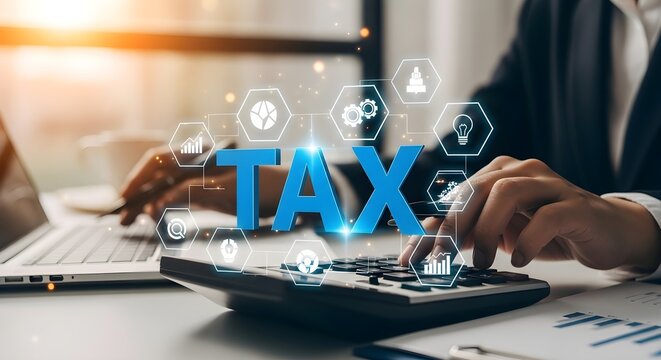 Professional Tax Management with hands using calculator and laptop featuring 3D blue TAX text and digital financial icons, ideal for accounting services and tax season marketing.