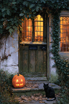 Halloween pumpkin glowing lantern rustic door ivy wall black cat autumn leaf evening cottage spooky mood Warm Halloween