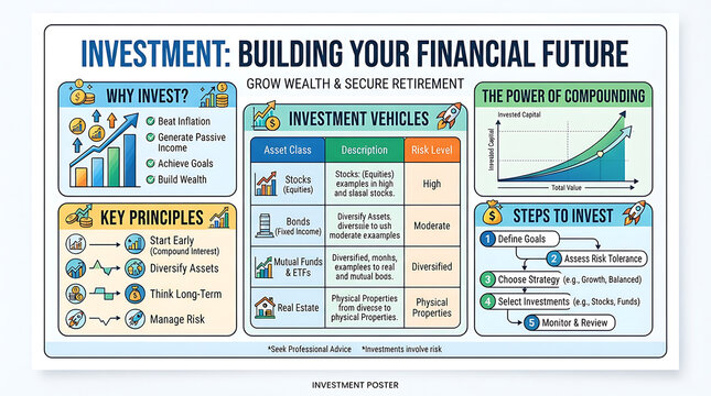 Investment infographic poster for building financial future, wealth management guide with asset classes, retirement planning educational chart