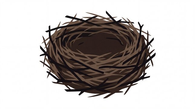 Empty bird nest made of dry brown twigs on white background