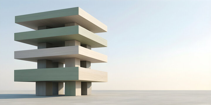 Spatial rhythm built from stacked cantilevered blocks with physically credible supports, with its physical process or state transition clearly visible for construction, balance and progress; design