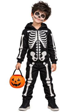 A cute young boy wearing a skeleton costume and makeup holding a pumpkin bucket isolated on transparent background
