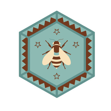 Illustration of a bee inside a hexagonal frame with stars