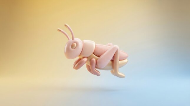 3D render of a cute stylized grasshopper insect isolated on a smooth gradient background
