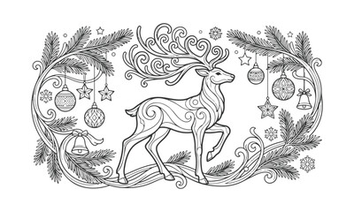 Obraz premium Cute Reindeer Christmas Coloring Page with Festive Holiday Decorations, Black and White Line Art