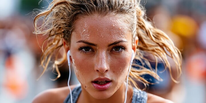 Close-up of a determined female runner with sweat on her face, wearing earphones, during an outdoor workout in bright sunlight.