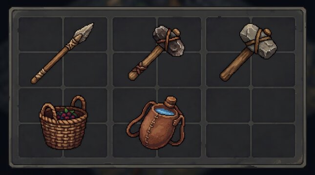 Primitive survival tools and supplies displayed in a pixel art inventory