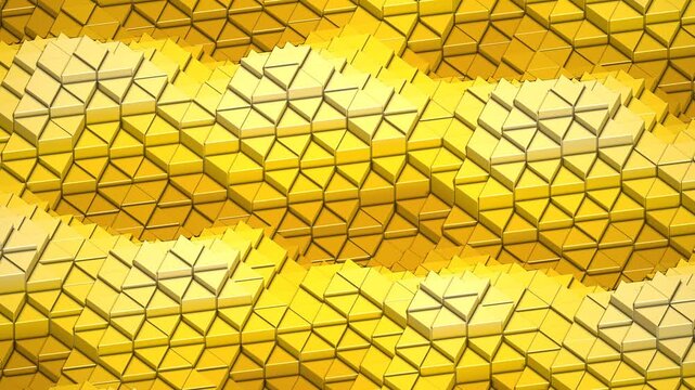 Golden geometric triangle pattern, abstract 3d yellow mosaic background, luxury metallic texture with waving motion for corporate presentations