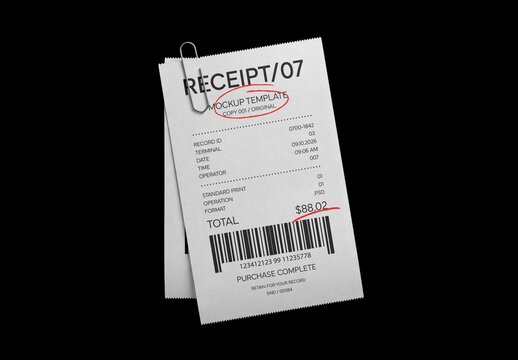 Receipts With Paperclip Mockup For Branding And Merchandise Design
